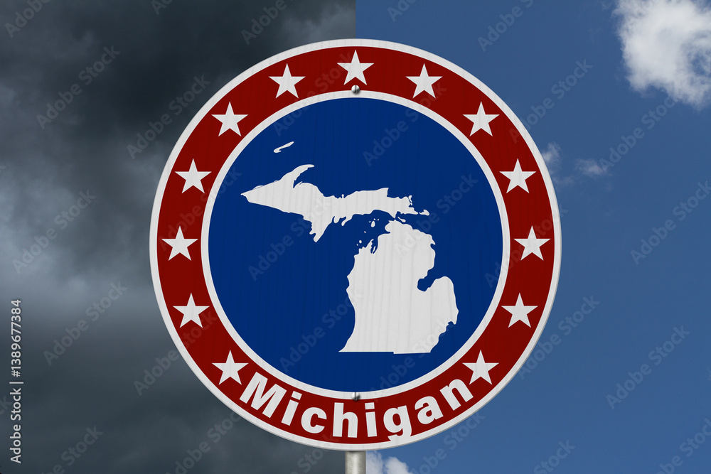 Michigan map with stars on a US red, white and blue road sign Michigan map with stars on a US red, white and blue road sign