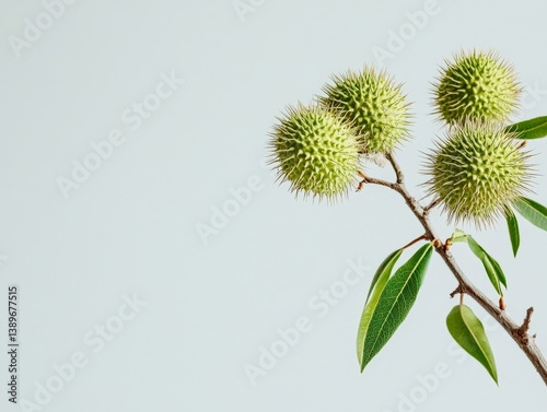 Chestnut tree branch with spiky green burrs, early autumn atmosphere, isolated on a pale neutral background