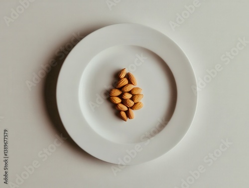 Clean white plate with a neat triangle of almonds, symmetry and minimalism theme