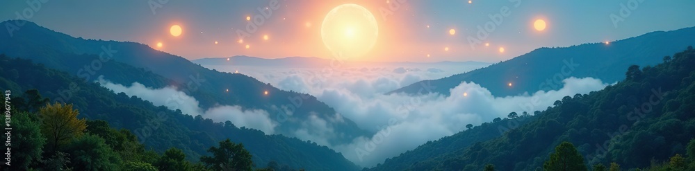 Fototapeta premium Ethereal landscape with glowing orbs above misty valley, glowing, mystical