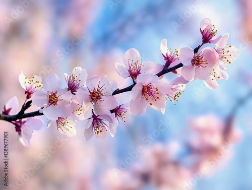 Close-up of almond tree branch with pink blossoms, early spring, soft depth of field, blue sky background