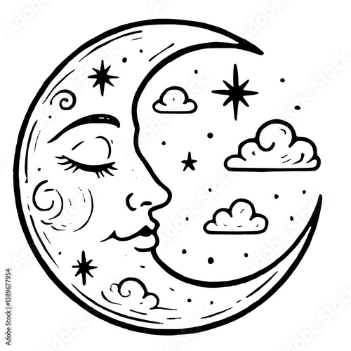 Vector Illustration of a Sleeping Crescent Moon with Face and Stars