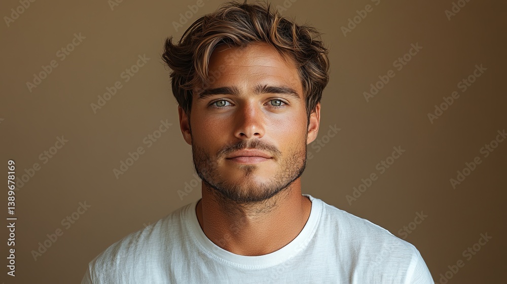 Handsome man portrait with brown hair and green eyes wearing white shirt headshot photography studio shot Handsome man portrait with brown hair and green eyes wearing white shirt headshot photography studio shot