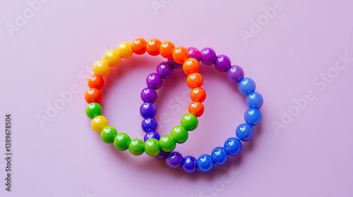 Brightly colored beaded bracelets on solid light purple background with flat lay style
