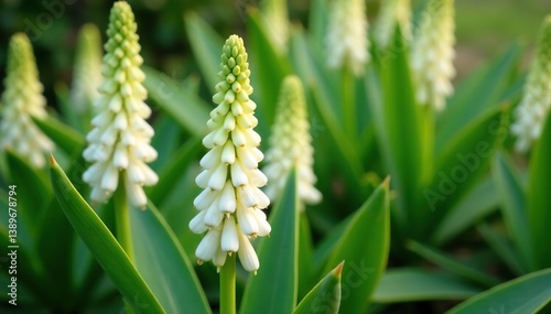 Flowering yucca plant with white flowers and green dagger-shaped leaves in natural setting,  plant, yucca