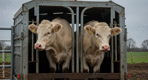 Two white cows standing inside a metal trailer looking forward on a cloudy day outdoors in a field