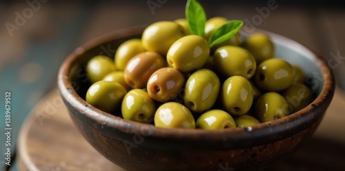 Close-up of a rustic bowl overflowing with Castelvetrano olives , appetizer, image, recipe