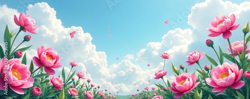 Flying flowers and plants in pastel pink and blue colors with clouds and peonies,  pink,  pastel