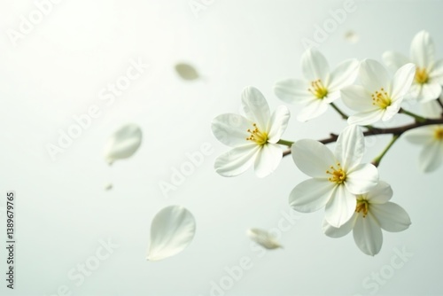 Flying jasmine flowers petals in motion, isolated on white background,  blossom, jasmine