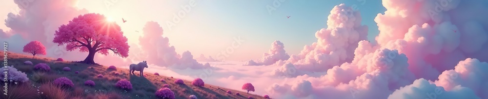 Fototapeta premium Fantastical surreal landscape with pastel hues, dreamy clouds, whimsical creatures, and ethereal lighting, whimsical, lighting