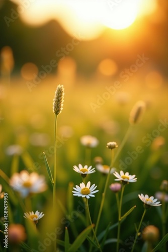 Focus on swaying grass flowers and wild plants in golden sunset light, creating a dreamy Spring and Summer backdrop,  Spring,  natural