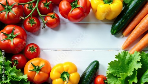 Food background featuring a colorful assortment of fresh organic vegetables such as tomatoes, cucumbers, carrots, peppers, and lettuce,  cooking,  vegetarian