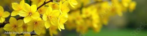 Forsythia bush blooming with vibrant yellow flowers in spring, blurred background for copy space,  plants,  selective focus