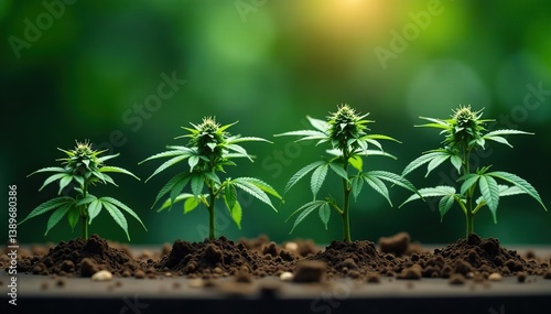 Four marijuana plants in varying heights lined up,  leaves,  cannabis