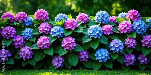 French hydrangea ornamental shrubs forming a lush hedge of purple and blue flowers in a beautiful garden setting,  botanical,  garden hedge