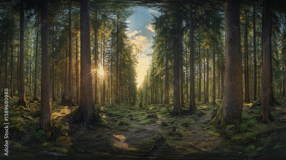 Fototapeta premium Sunlit Coniferous Forest: A Panoramic, Serene Landscape