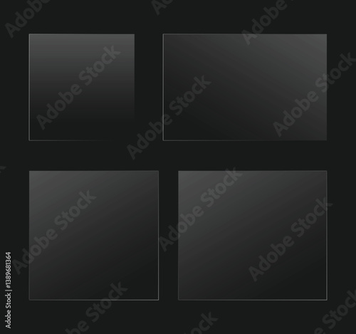 Flat glass plate. Realistic windows. Set of mirror on transparent background.