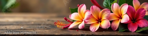 Fresh frangipani and hibiscus flowers arranged beautifully on a wooden table,  vibrant,  table
