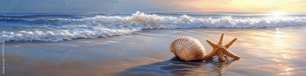 Illustration of sea shells and starfish resting on sand with ocean waves and sunset, for summer beach vibes and concepts. Illustration of sea shells and starfish resting on sand with ocean waves and sunset, for summer beach vibes and concepts.