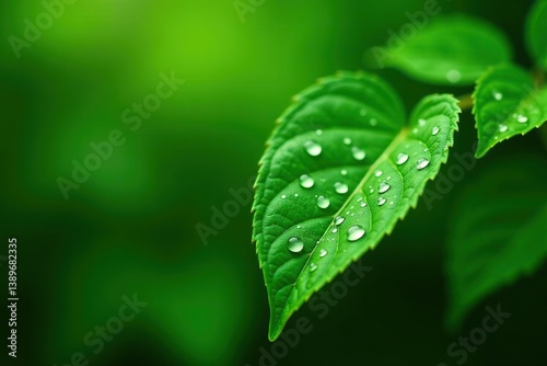 Fresh green leaves covered in glistening water droplets on a lush green background,  environment,  botanical