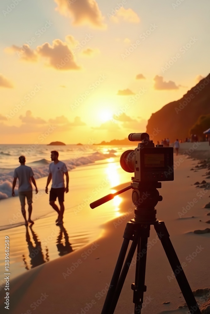 Fototapeta premium Film camera on tripod capturing beach scene with crew in background at sunset, leisure, scenic