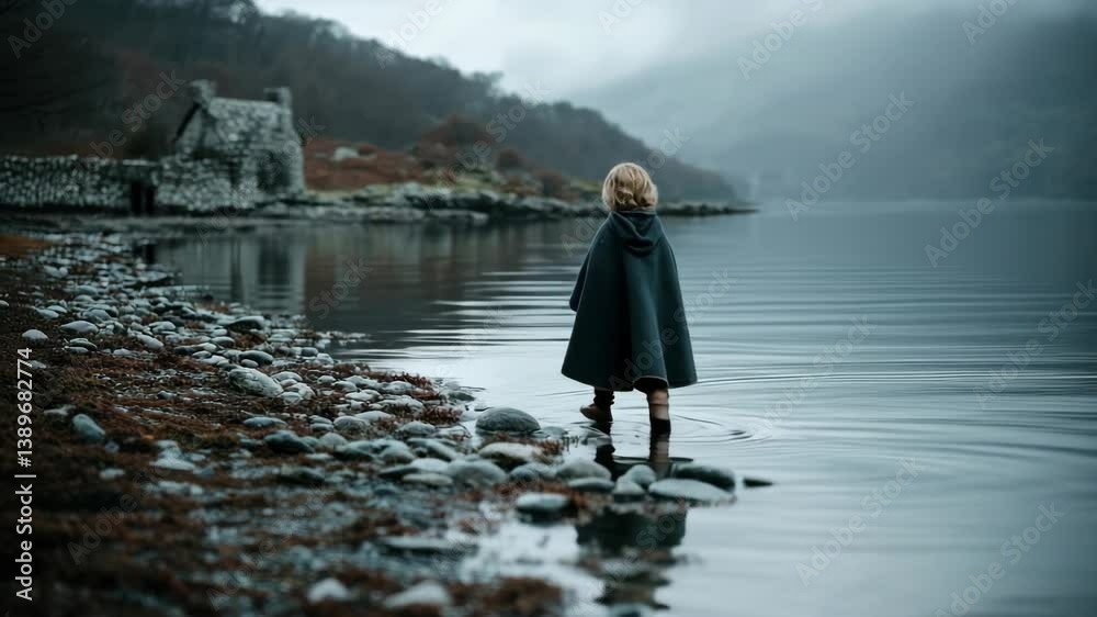 Child exploring the waters edge in a serene landscape during a cloudy day