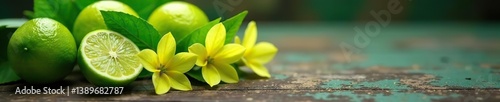 Fresh lime flowers lying on a rustic wooden table, showcasing their delicate petals and vibrant green hues,  flowers,  fragrant