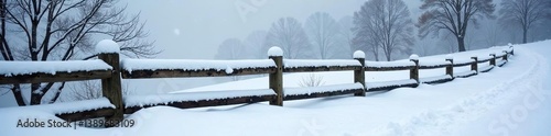 Fresh powder snow covering a rustic wooden fence in a serene winter landscape,  landscape,  white