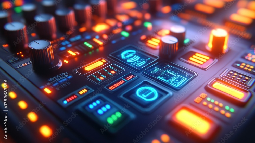Advanced audio control panel with vibrant lighting and digital displays Advanced audio control panel with vibrant lighting and digital displays