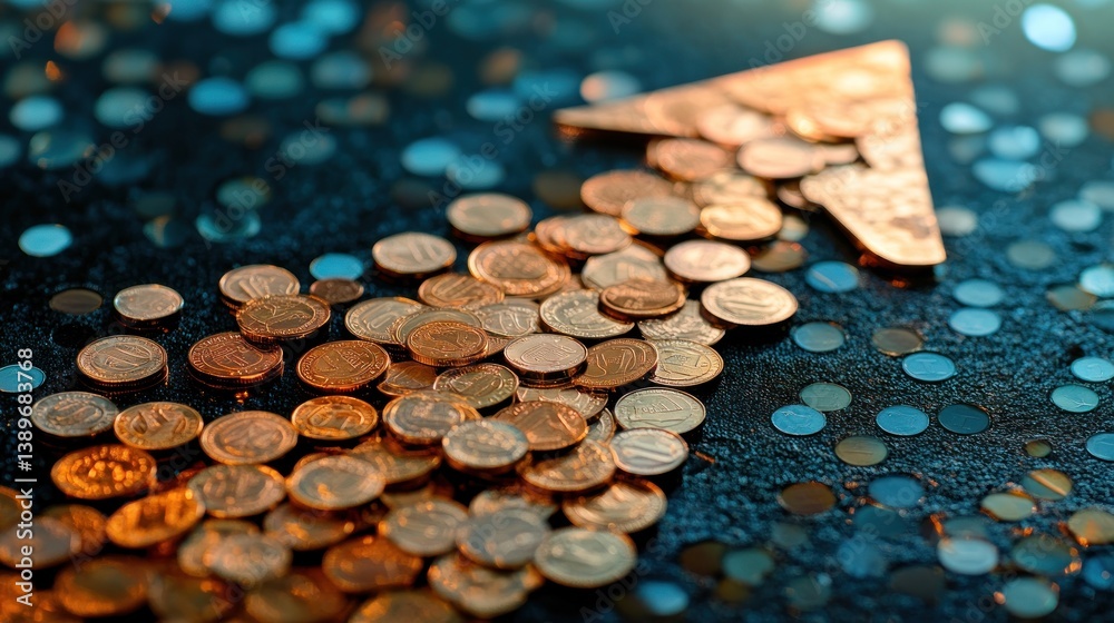 Golden coins forming upward arrow on dark background Golden coins forming upward arrow on dark background