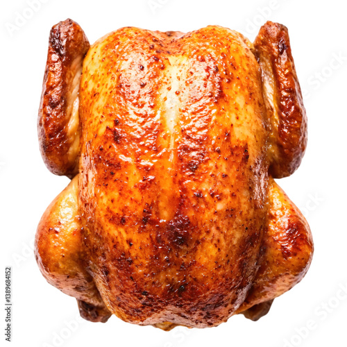 Whole roasted chicken top view isolated on white background crispy golden skin grilled poultry for Thanksgiving, dinner, or holiday meal