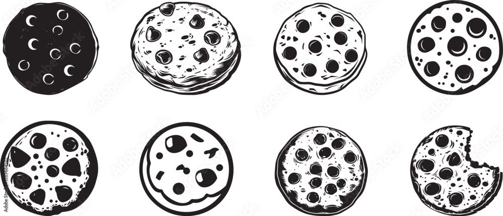 Chocolate chip cookie icon linear black on white background Chocolate chip cookie icon linear black on white background
