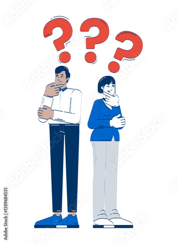 Looking for business solution doodle illustration concept. Corporate dilemma doubts. Thoughtful businesspeople question marks cartoon 2D characters isolated on white. Hand drawn vector metaphor