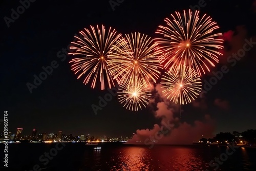 Gold fireworks lighting up the dark black night sky at the Sylvester Silvester 2024 New Year's Eve Party,  night, fireworks