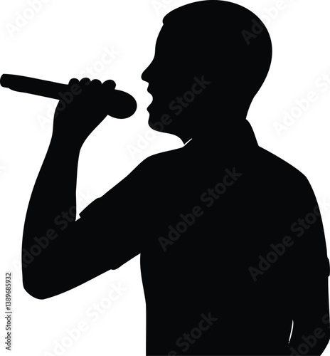 Silhouette of a male singer with microphone passionately singing during live performance or recording session
