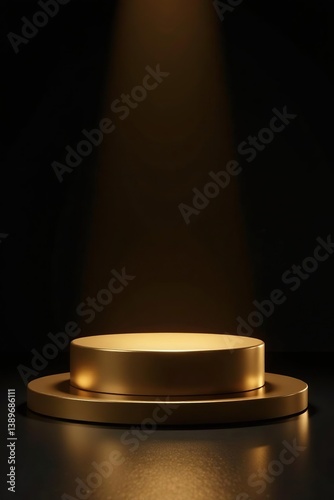 Gold podium with glowing lights on a black background, perfect for showcasing luxury products or winners in a competition,  lighting,  winners