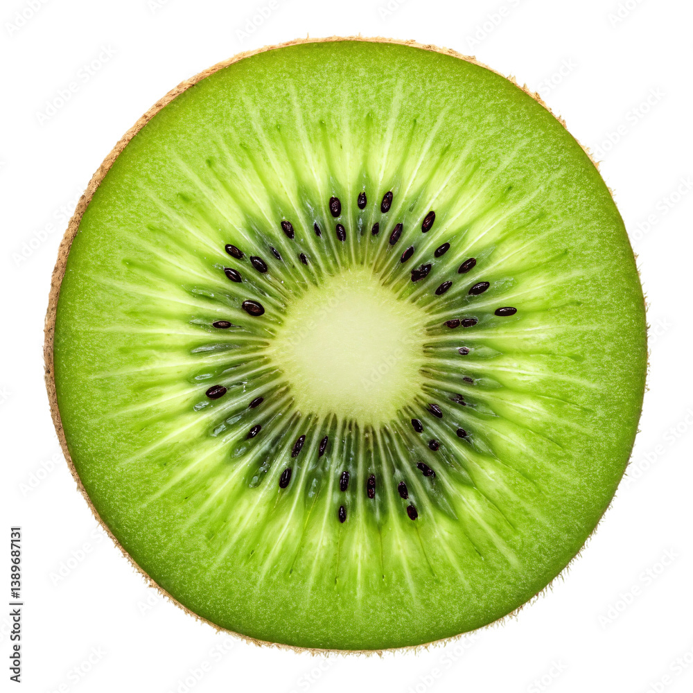 Fresh green kiwi fruit slice close up showing vibrant texture juicy flesh black seeds and radial pattern isolated on white background Fresh green kiwi fruit slice close up showing vibrant texture juicy flesh black seeds and radial pattern isolated on white background