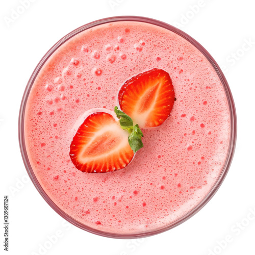 Top view of fresh strawberry smoothie in glass with sliced strawberries creamy pink texture isolated on white background healthy summer drink