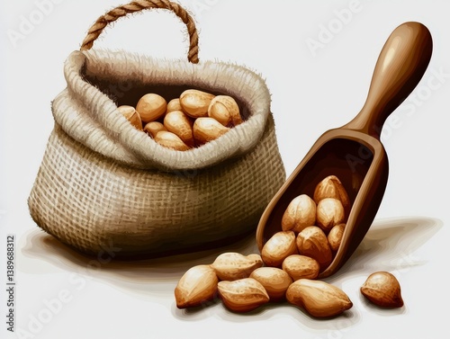 Realistic photo of roasted peanuts in shell, wooden scoop beside a burlap sack, country market vibe