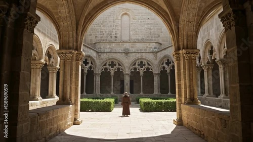 Monk in a habit walking through the sunlit courtyard cloister of a monastery with arched walkways, representing monastic life, history, religious architecture, solitude, and spiritual discipline