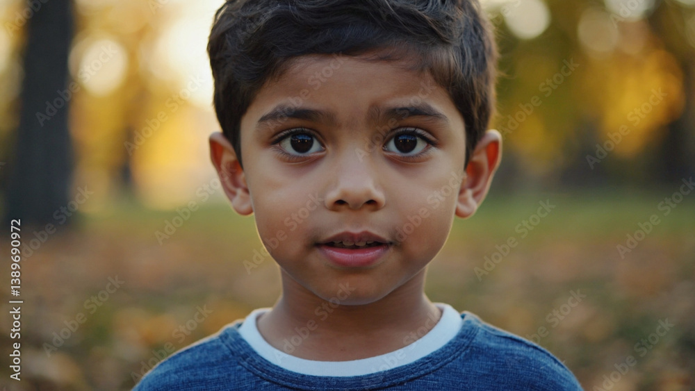 A young boy looks directly into the lens of a camera, capturing his attention A young boy looks directly into the lens of a camera, capturing his attention