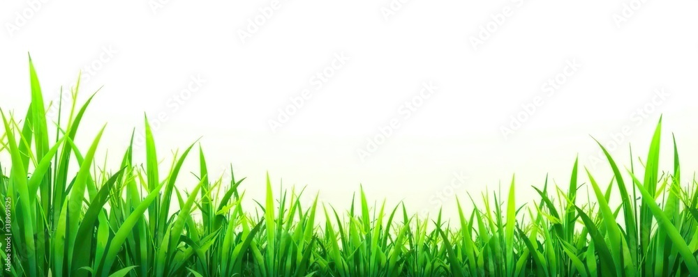 Fototapeta premium Green grass borders in various shades seamlessly arranged on a white background, collection, backdrop