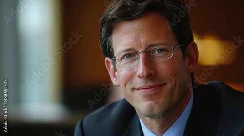 A focused business professional listens intently, exuding confidence and attentiveness in a formal setting.
