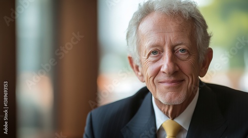 A focused business professional listens intently, exuding confidence and attentiveness in a formal setting.
