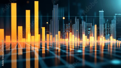 An abstract arrangement of bars, lines, , cityscape elements in a grid-like pattern, rendered in glowing orange , blue hues creating a futuristic , digital atmosphere, conveying data visualization.