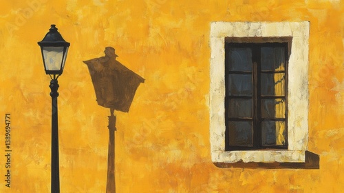 Lamppost, window, yellow wall. Generative AI