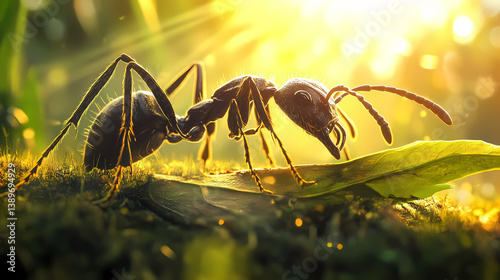 Giant ant devouring a leaf. sunlight illuminates the scene. Devoured Light. Illustration
