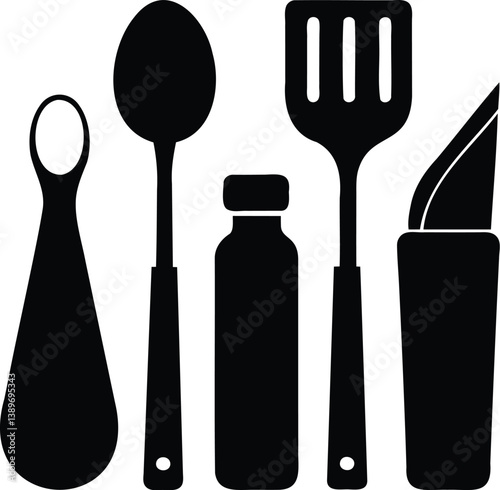 Black and White Silhouette of Kitchen Utensils Including Ladle and Spatula