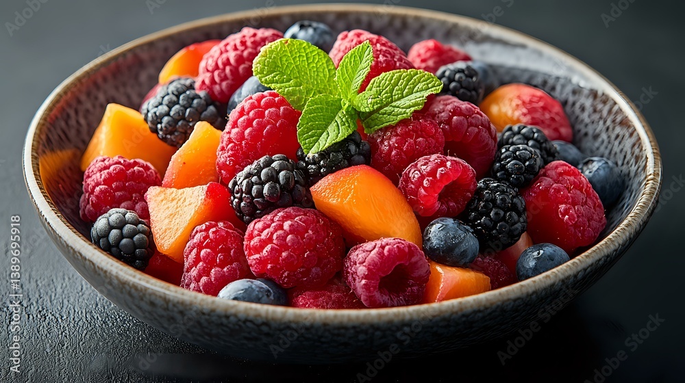 Fresh mixed berries and melon pieces in rustic ceramic bowl garnished with mint leaf, vibrant healthy fruit composition on dark background. Fresh mixed berries and melon pieces in rustic ceramic bowl garnished with mint leaf, vibrant healthy fruit composition on dark background.