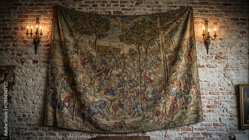 Vintage tapestry depicting battle scene hanging on brick wall with antique sconces Rich in detail and history